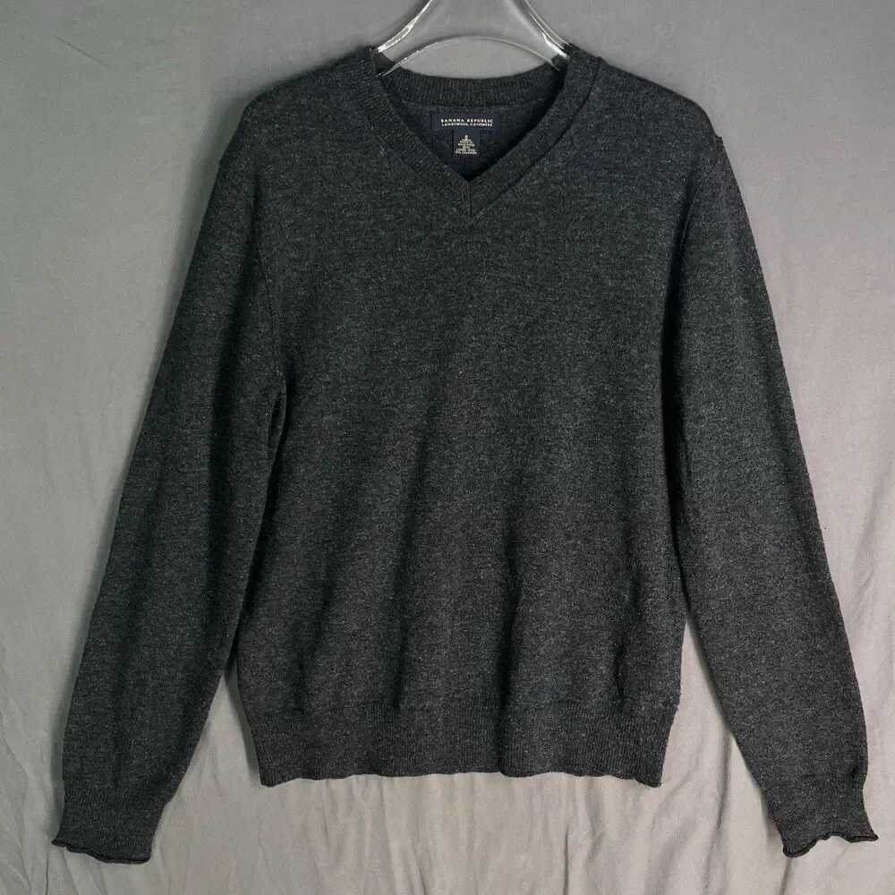 VNTG Banana Republic Mens S Sweater Lambswool Cashmere Gray Elbow Pads V-Neck